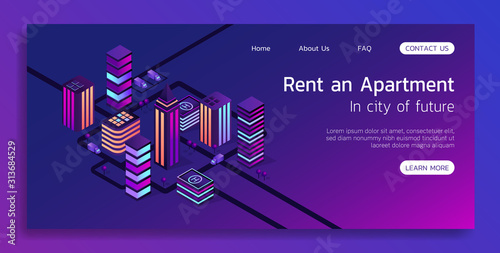 Isometric vector concept landing page smart city and rent an apartment 3d illustration.