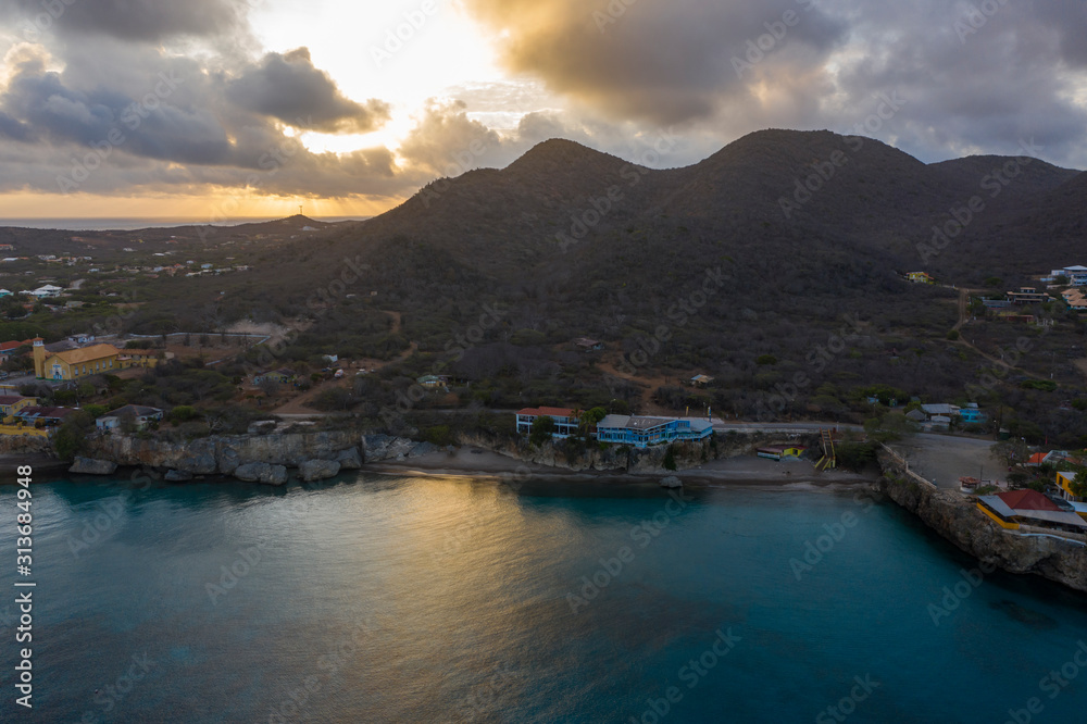 Aerial view over coast of Curaçao / Caribbean Sea around Westpunt
