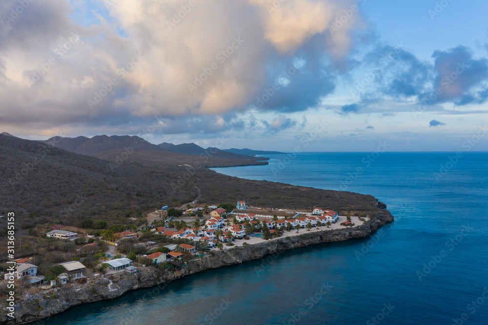 Aerial view over coast of Curaçao / Caribbean Sea around Westpunt