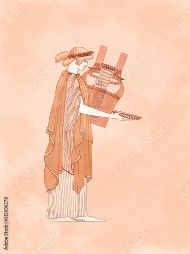 Apollo or Helios Standing Playing Cithara or Lyre with Phiale and Laurel crown, based on ancient greek pottery and ceramics red-figure drawings