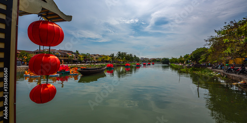 Red lanterns decorations by the Thu Bon River Hoi An , Vietnam