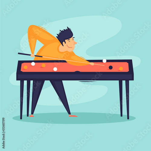Man plays billiards, sports. Flat design vector illustration.