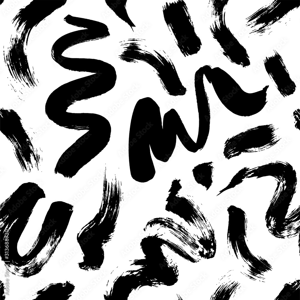 Swirl and curly brush strokes seamless pattern. Hand drawn vector ink illustration. Painted abstract texture.