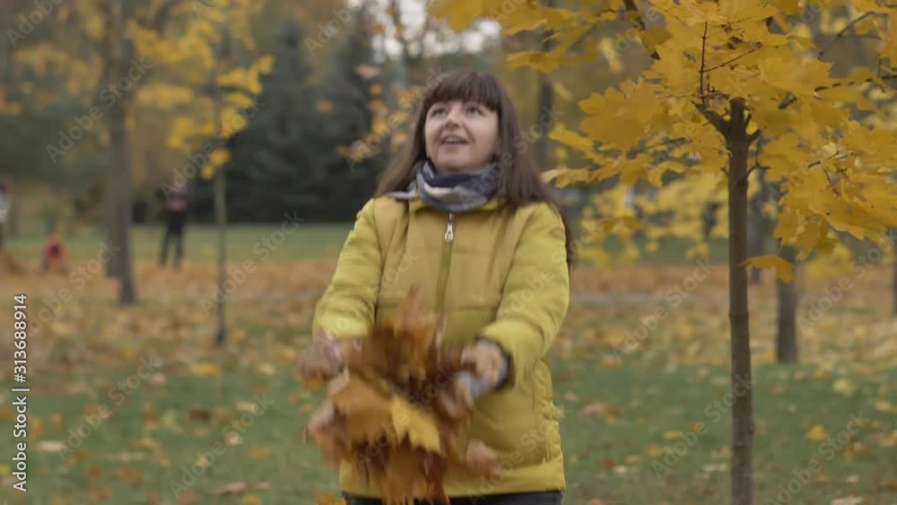 happy woman throws autumn yellow maple leaves up, leaves fall on a woman happy woman throws autumn yellow maple leaves up, leaves fall on a woman