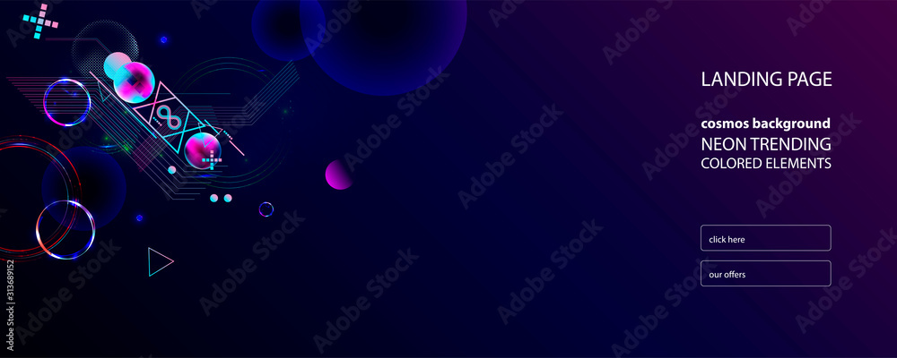 Landing page on a dark background space neon trending colored for presentation or for magazine