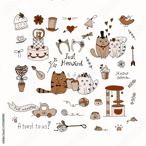 Big set of Cats Wedding. Just married. Accessories of the bride and groom, wedding gifts. Toast to us. Wedding cake and car. Lovely cats. Hand drawn stock vector illustration in vintage doodle style.