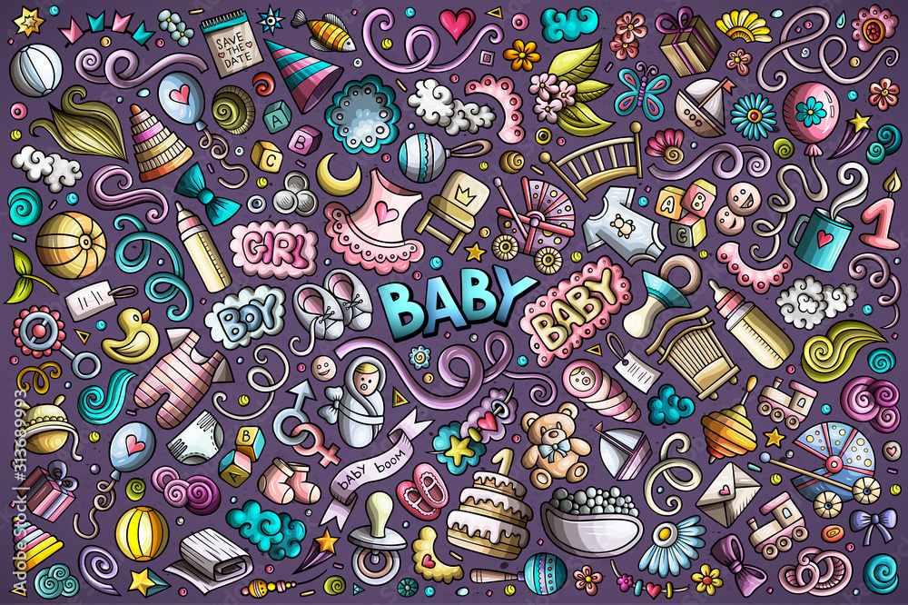 Naklejka premium Colorful vector doodle cartoon set of Baby objects and symbols
