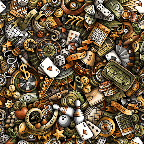 Cartoon cute doodles hand drawn Casino seamless pattern.