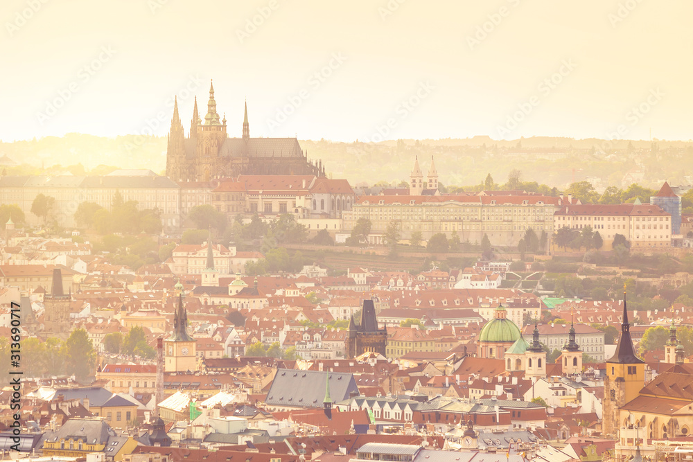 Prague castle in the afternoon sunlight. Prague from above. Retro yellow style.