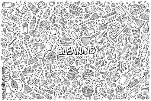Line art vector doodle cartoon set of Cleaning objects and symbols