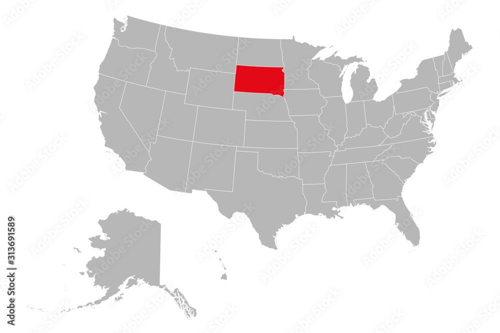 South dakota highlighted on USA political map vector illustration. Gray background.