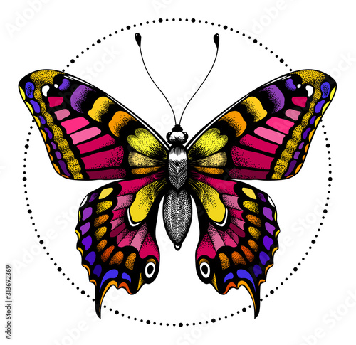 Tattoo butterfly in circle of beads.T-shirt design