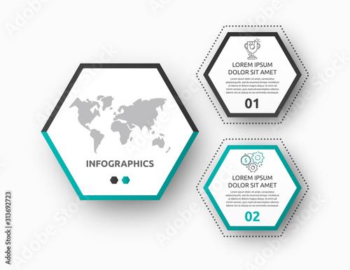 Vector infographic with main hexagon and 2 small hexagons. Used for two diagrams, graph, flowchart, timeline, marketing, presentation. Creative business concept