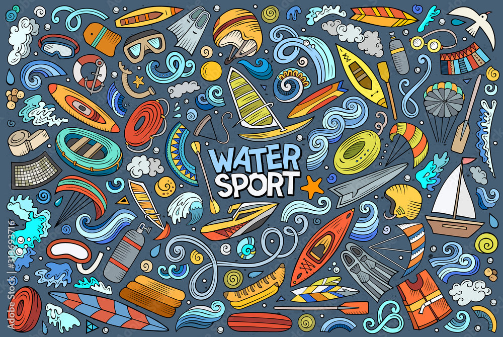 Vector doodle cartoon set of Water sport objects and symbols