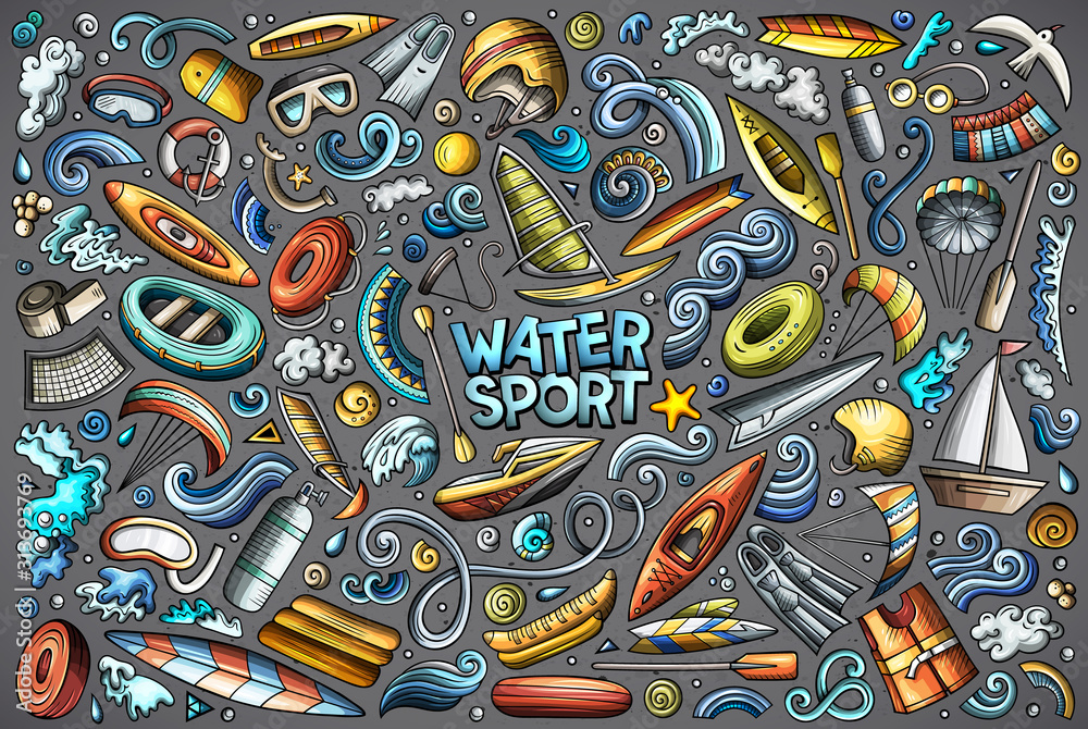 Fototapeta premium Vector doodle cartoon set of Water sport objects and symbols