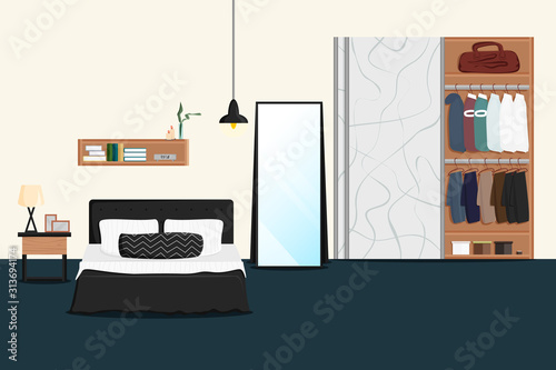 Vector Flat Illustration of Male Bedroom Interior with Wardrobe. Cozy Modern Living Room with Double Bed, Table, Lamp, Mirror, Closet. Classic Concept Design of Men's or Couple Bedroom with Furniture