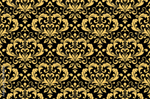 Floral pattern. Vintage wallpaper in the Baroque style. Seamless vector background. Black and gold ornament for fabric, wallpaper, packaging. Ornate Damask flower ornament