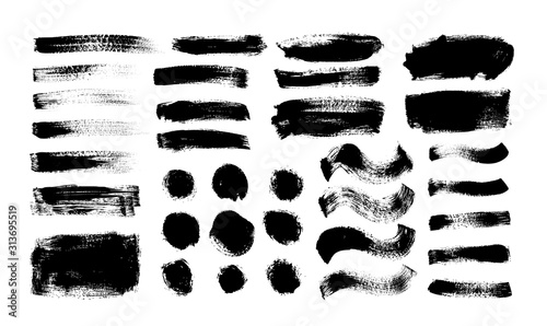 Dry brush strokes vector set. Hand drawn smears, dry stripes, brush lines, black circles and boxes.