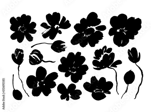 Spring flowers hand drawn vector set. Black brush flower silhouettes. Roses, peonies, chrysanthemums isolated cliparts.
