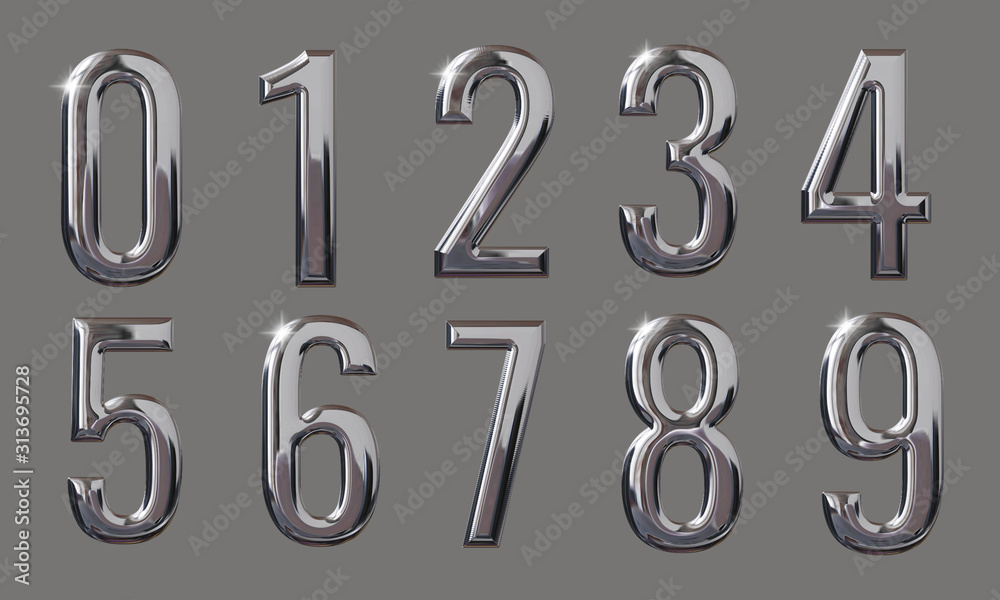 Set of 3D numbers with glossy metal texture (chrome, steel, silver) isolated on gray background, premium bold font design for poster, banner, invitation Set of 3D numbers with glossy metal texture (chrome, steel, silver) isolated on gray background, premium bold font design for poster, banner, invitation