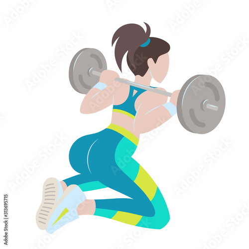 Young woman doing exercise for glute muscles with barbell. Vector flat illustration isolated on white.