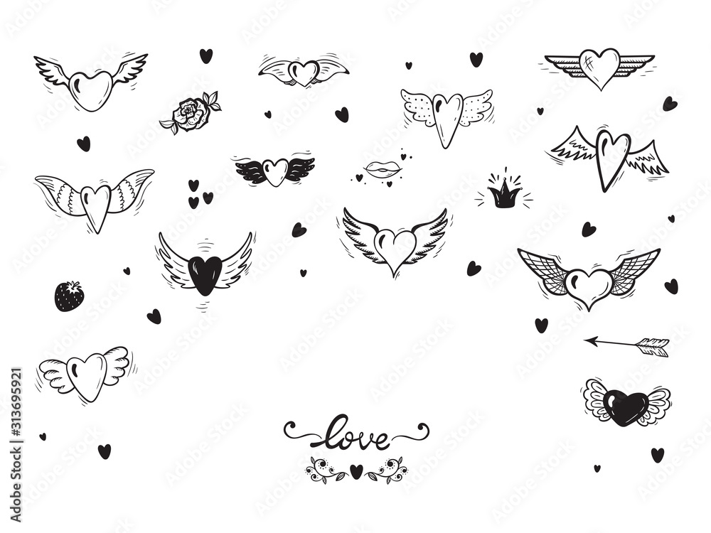 Naklejka premium Hearts with Wings for Valentines Day or Wedding greeting cards. Love Vector Set. Beautiful Doodle Heart tattoo. Hand drawn illustration