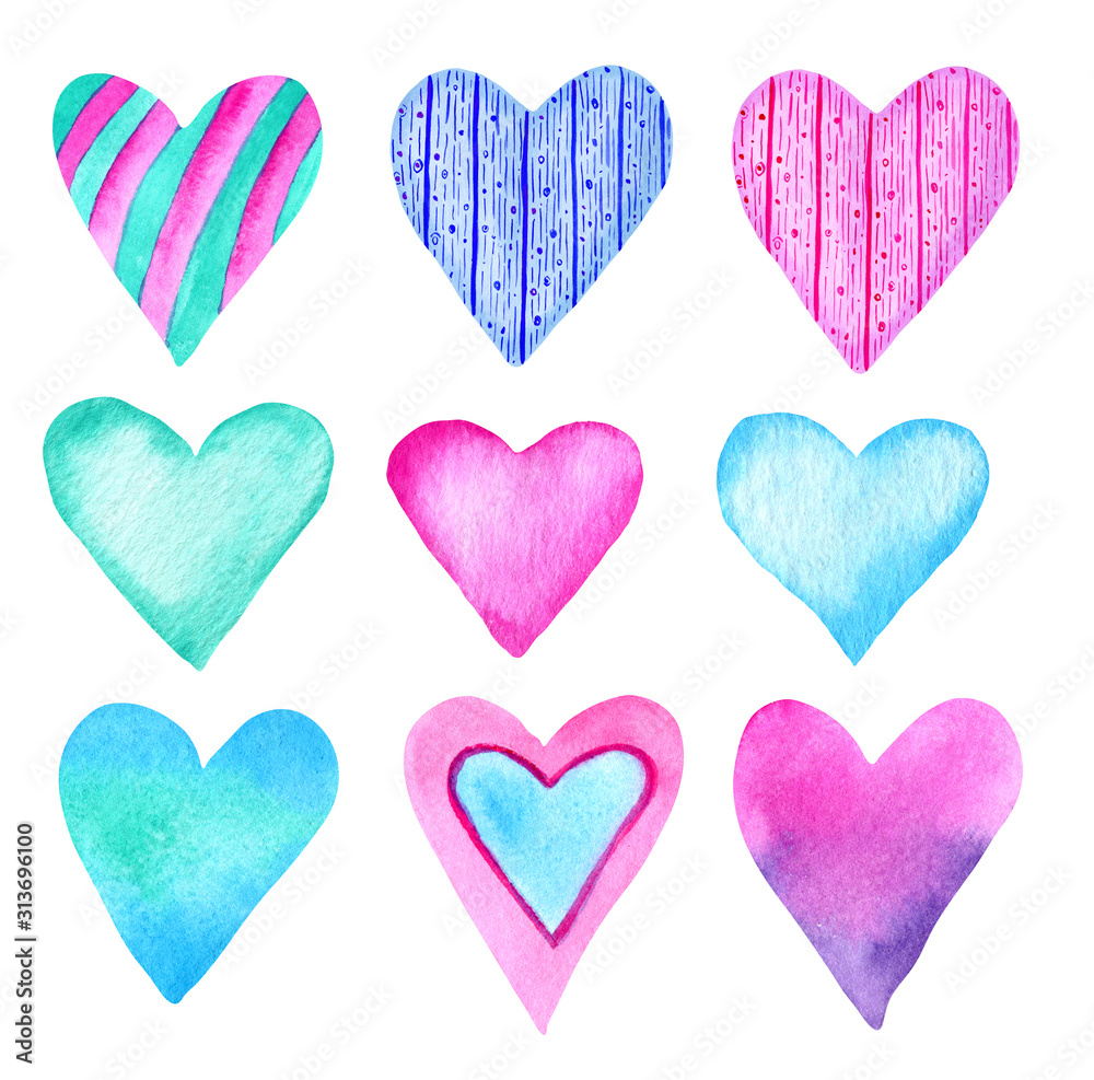 Watercolor pink and blue hearts set isolated on white background. Hand painted stock illustration for Valentine's day and wedding decor.