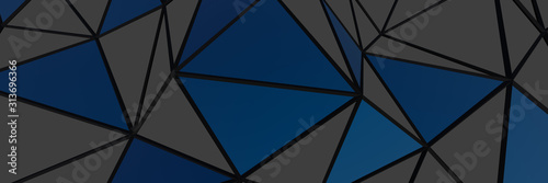 3d ILLUSTRATION, of black abstract crystal background blue triangles, triangular texture, wide panoramic for wallpaper, 3d black background low poly design