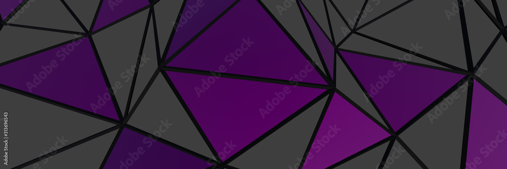 Fototapeta premium 3d ILLUSTRATION, of black abstract crystal background, purple triangles triangular texture, wide panoramic for wallpaper, 3d black background low poly design