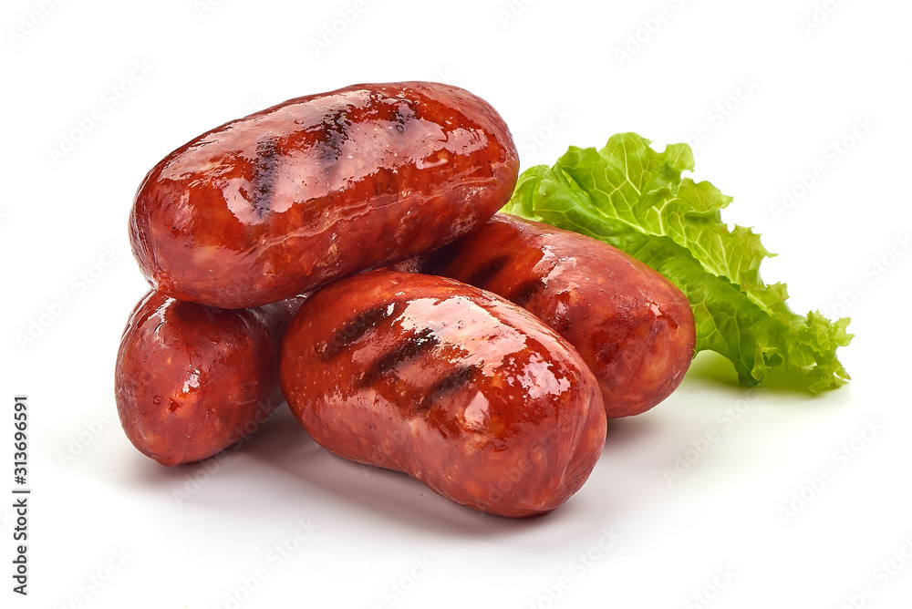 Grilled Spanish chorizo sausages, isolated on white background