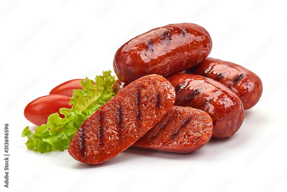 Roasted spicy Chorizo Sausages, isolated on white background Roasted spicy Chorizo Sausages, isolated on white background