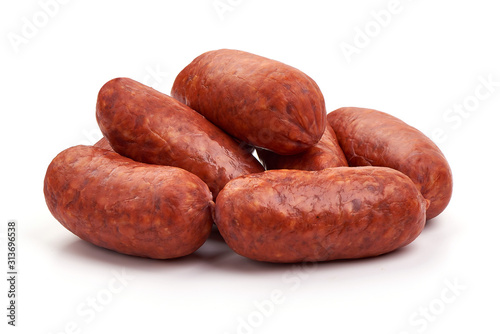 Spanish chorizo spicy sausages, isolated on white background