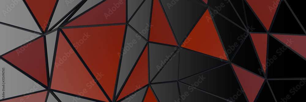 3d ILLUSTRATION, of black abstract crystal background red triangles ...