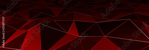 3d ILLUSTRATION, of red abstract crystal background, triangular texture, wide panoramic for wallpaper, 3d black background low poly design