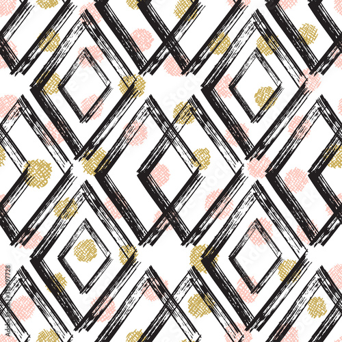 Rhombus Paint Brush Strokes with polka dots. Seamless pattern. Vector Abstract Grunge background