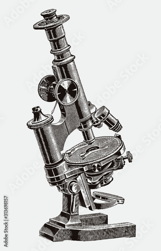 Smaller inclinable optical microscope with a revolving stage for mineralogical research. Illustration after a historical engraving from the 19th century