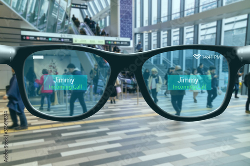 augmented mixed virtual reality concept, Smart glasses work through a combination of display, sensors and accelerometers, coupled with smart software ,internet connectivity to make them realy useful
