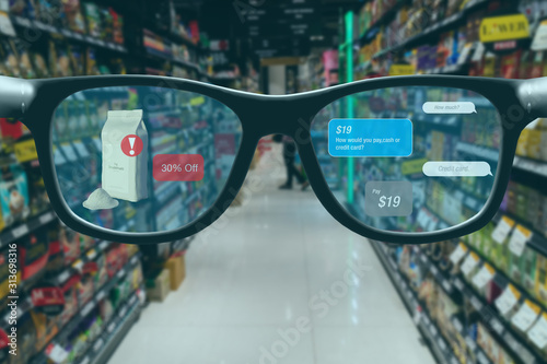 smart retail concept, A customer can check what data of real time insights into shelf status which report on a smart glasses from artificial intelligence(ai) smart glasses while scanning goods, price