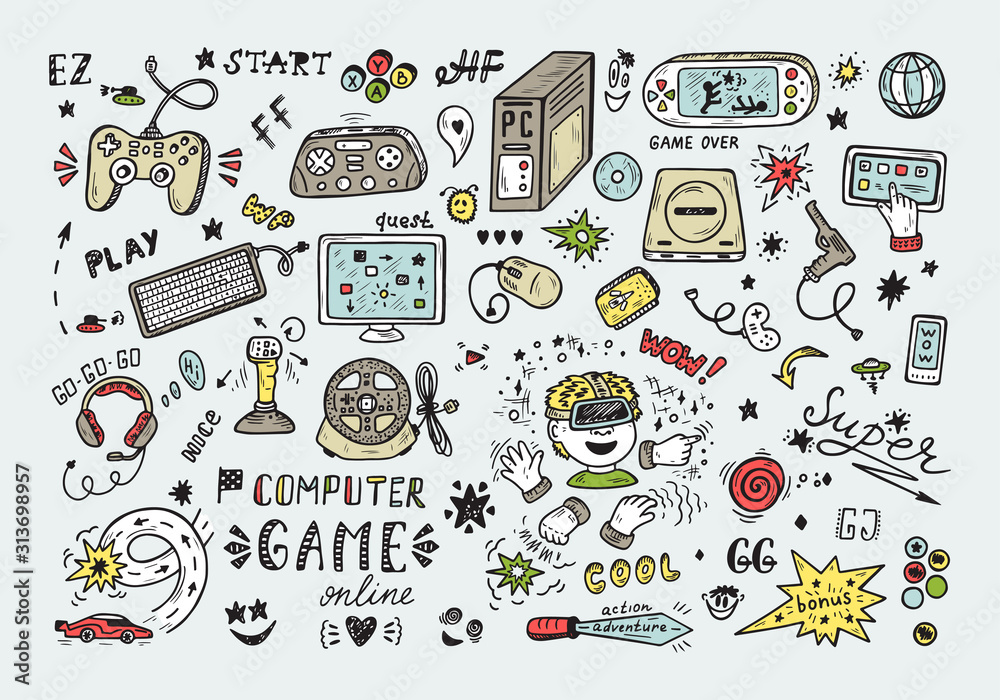 Premium Vector  Set of video game doodle illustration