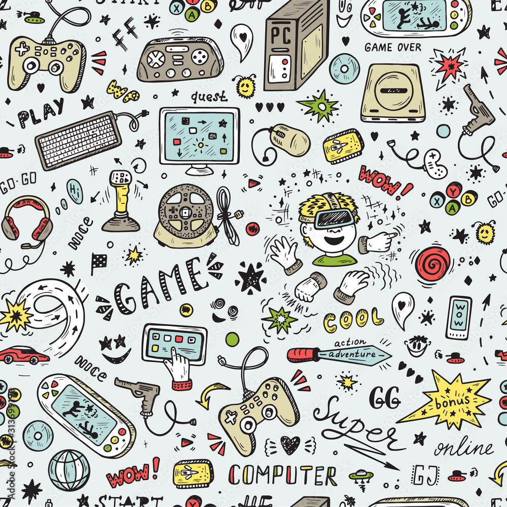 Video game hand drawn doodle seamless pattern Vector Image