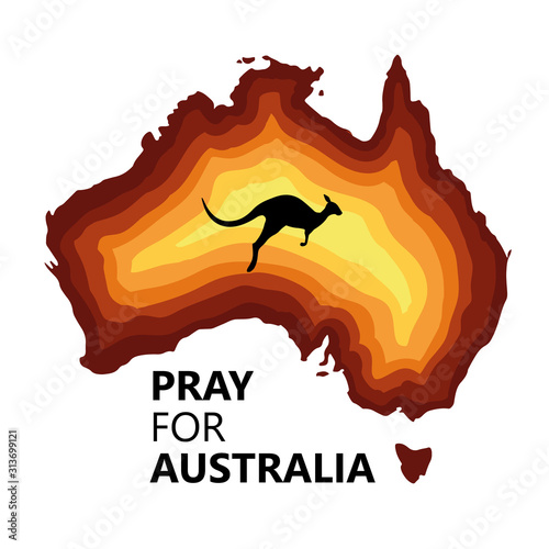 Australia fire. Social poster about climte cataclysm. Kangaroo runs from the fire on a background of the map of Australia. Vector stock illustration.