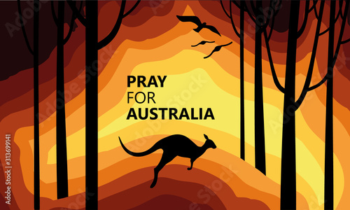 Australia fire. Social poster about climte cataclysm. Kangaroo runs from the fire on a background of the map of Australia. Vector stock illustration.