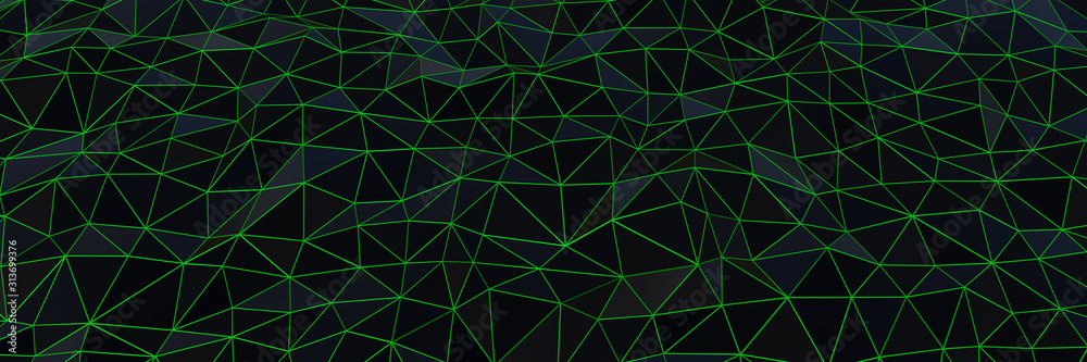 3d ILLUSTRATION, of black abstract crystal background , triangular texture, wide panoramic for wallpaper, 3d black background low poly design