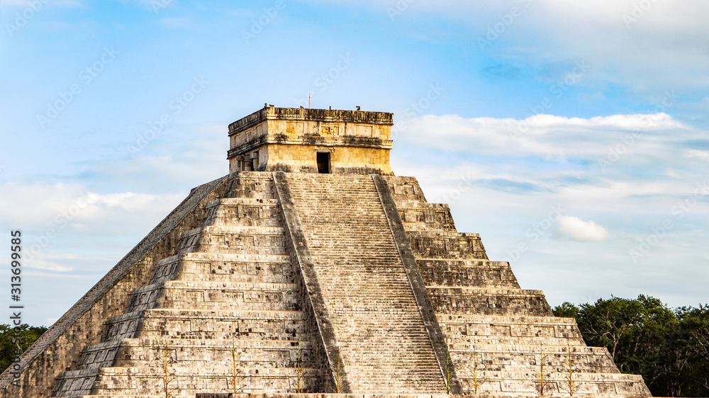 Sunny day in Mexico, Ancient Ruins of Maya, pyramids, pillars, stone fields and other sacred Mayan places