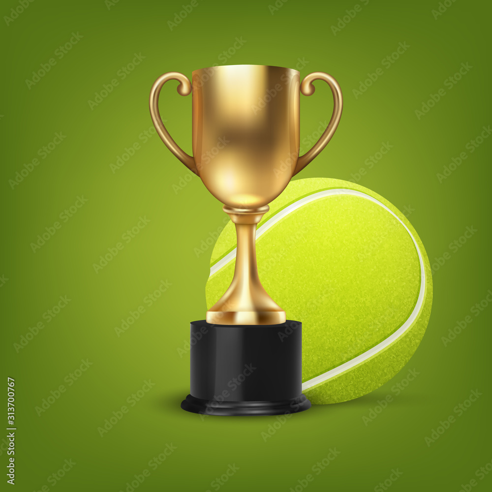Realistic Vector 3d Blank Golden Champion Cup with Tennis Ball Set ...