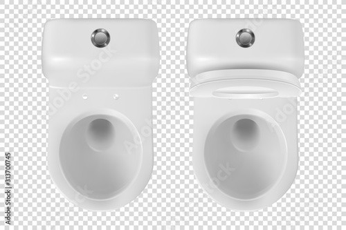 Vector 3d Realistic White eramic Toilet Icon Set Closeup Isolated on Transparent Background. Opened Toilet Bowl with and without Lid. Plumbing, Mockup, Design Template for Interior. Top View