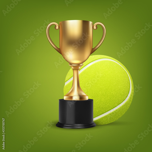 Realistic Vector 3d Blank Golden Champion Cup with Tennis Ball Set Closeup on Green Background. Design Template of Championship Trophy. Sport Tournament Award, Gold Winner Cup and Victory Concept