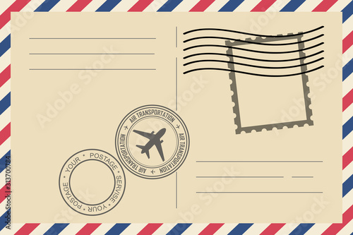 Envelope and stamp. Vintage air mail envelope with postage stamp, postage card. Vector graphic design
