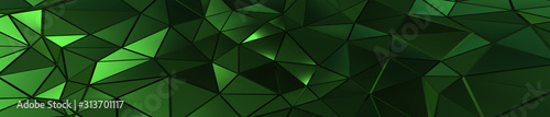 3d ILLUSTRATION, of green abstract crystal background, triangular texture, wide panoramic for wallpaper, 3d black background low poly design