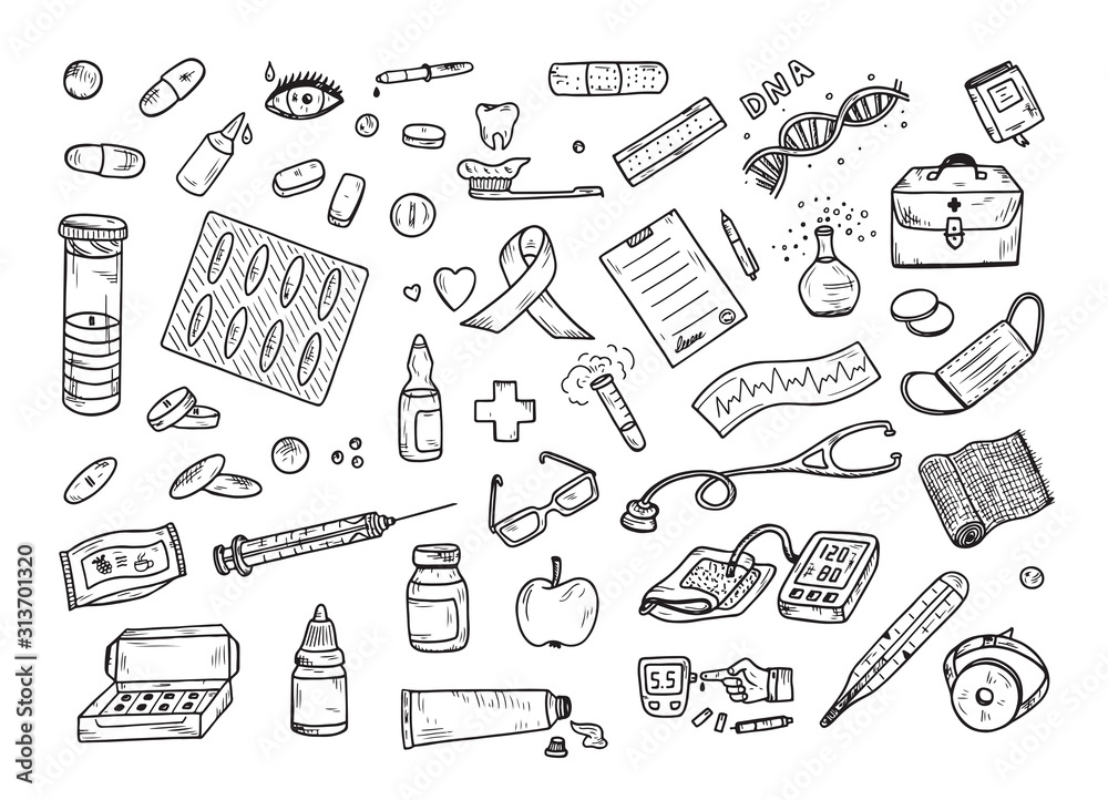 Healthcare and Medicine Vector Set. Hand Drawn Doodle Health items ...